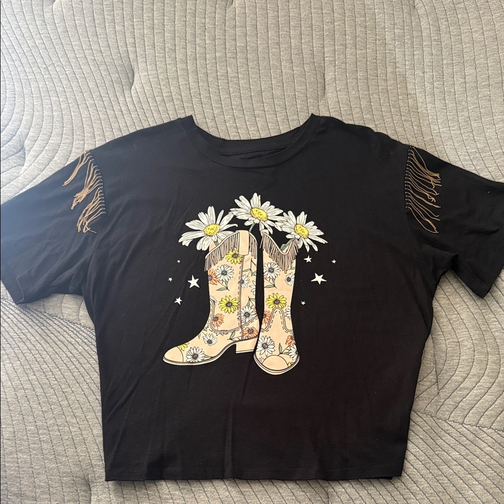 Black Crop Top with Floral Boot Design